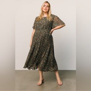 Baltic Born Belfast Pleated Chiffon Midi Dress in Antique Jade Floral Sz L